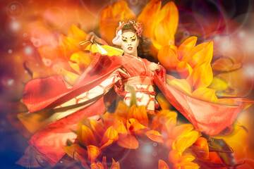 Japanese geisha with fan dancing with sunflowers background.