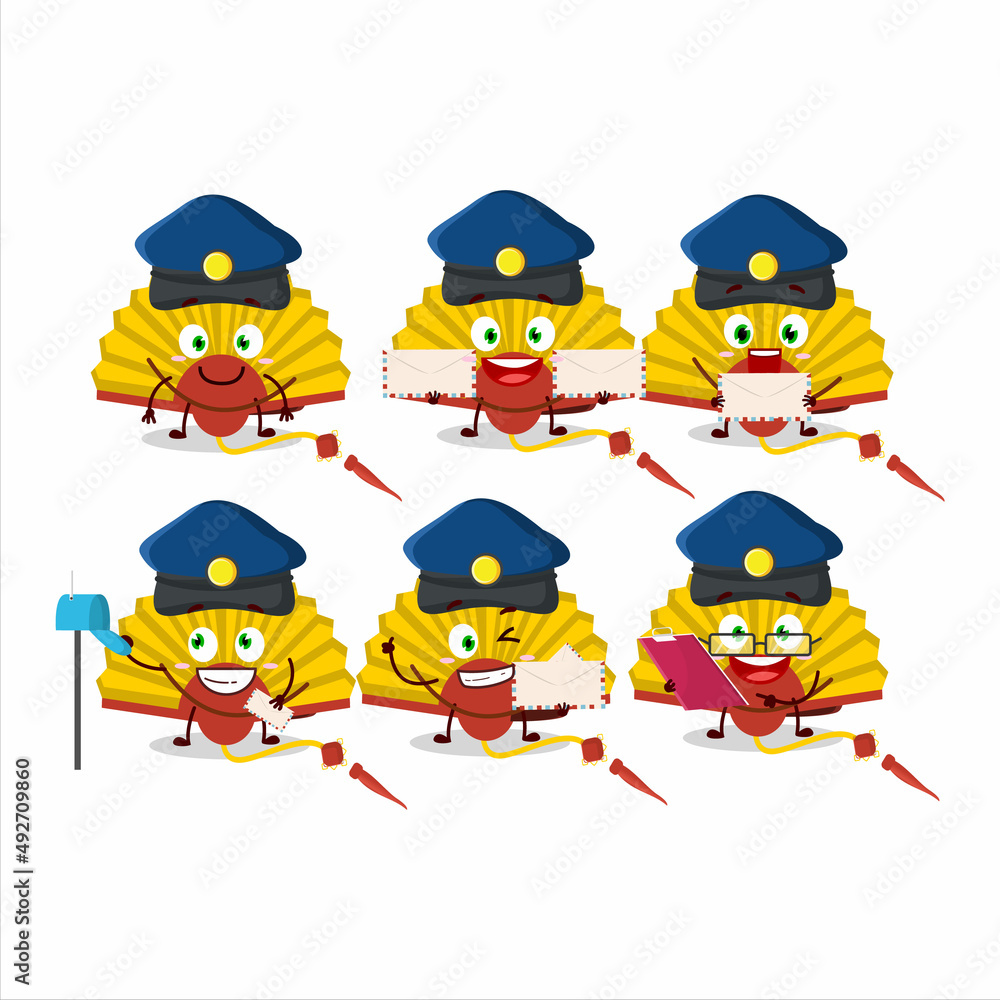 Sticker A picture of cheerful yellow chinese fan postman cartoon design concept