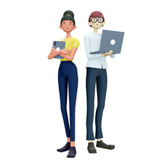 3D illustration of cute smiling people with laptop, isolated on white background. Cartoon falling relaxing businessman, freelancer using social networks, online working. Workplace concept.