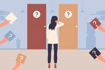 Woman standing near two doors to choose right or left entrance to room vector illustration. Cartoon many hands of people holding question marks about correct creative choice, person with dilemma - obrazy, fototapety, plakaty