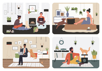 People play with pets set vector illustration. Cartoon man working online on laptop in home office, playing with dog, hipster sitting on carpet with cat, dog jumping on couch to girl isolated on white