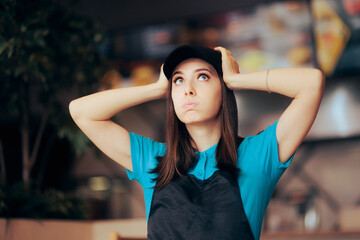 Stressed Fast Food Worker Feeling Overwhelmed Doing Overtime