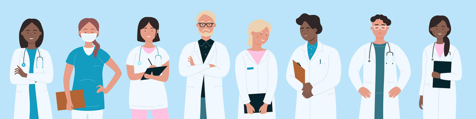 Team of doctors and nurses standing together. Crowd of brave male and female hospital workers wearing masks and medical uniform flat vector illustration. Profession, healthcare, medicine concept