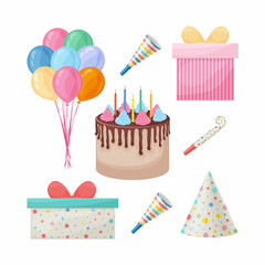 Happy Birthday. A bright festive set consisting of birthday accessories such as cake, balloons, gift boxes and festive hats and whistles. Vector
