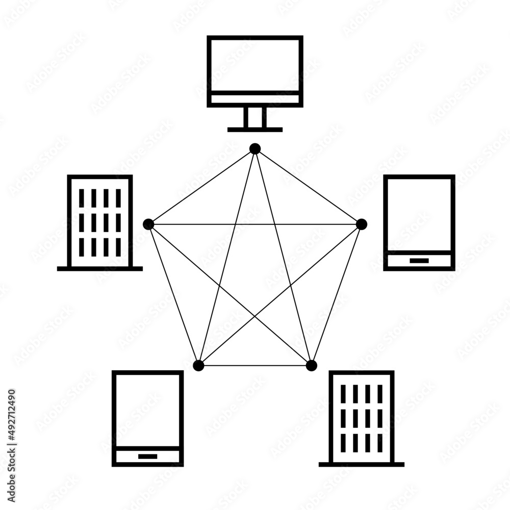 Poster System connect link 
network technology design template. Digital laptop phone building smart contract contain transaction data.