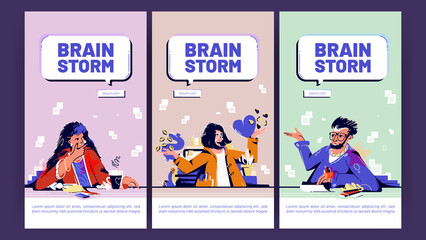 Brainstorm posters with people on meeting think together. Concept of teamwork, communication in company, find creative idea and solution. Vector banners of brainstorming