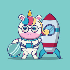 cute unicorn dress up as an astronaut and stand next to a huge rocket, suitable for children's books, birthday cards, valentine's day, stickers, book covers, greeting cards, printing. 