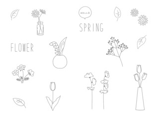 チューリップやマーガレットなど春の手描き風シンプル線画イラストセット