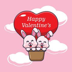cute bunny cartoon character fly with air balloon in valentines day