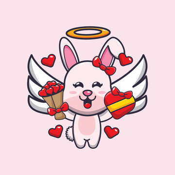 cute bunny cupid cartoon character holding love gift and love bouquet
