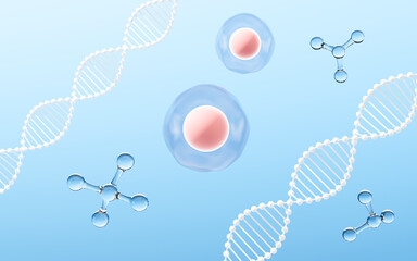 Cells and molecules with blue background, 3d rendering.