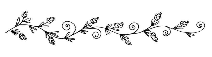 Simple hand-drawn vector drawing in black outline. Flower garland, leaves, twigs, curls, inflorescences. Long floral border, banner. Ink sketch.