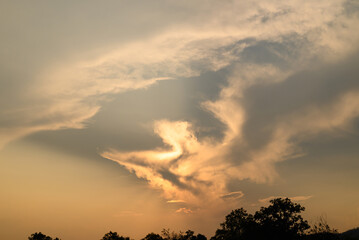 Vanilla sky with cloud and sunlight above trees before sunset, Natural background
