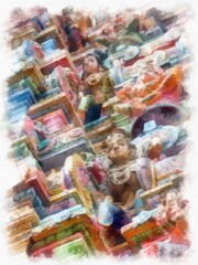 Fototapeta na wymiar ancient hindu temple colorful indian architecture watercolor style illustration impressionist painting.