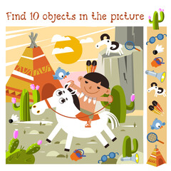 Funny red Indian boy rides horse. Find 10 items. Game for children. Cute cartoon character. Vector illustration.