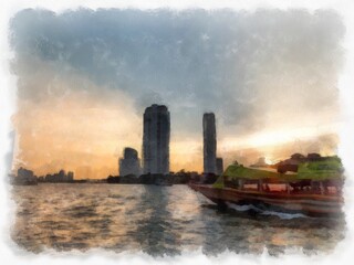 Fototapeta premium Landscape of the Chao Phraya River in Bangkok, Thailand watercolor style illustration impressionist painting.