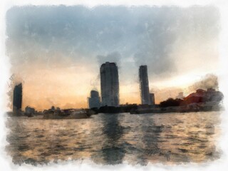 Landscape of the Chao Phraya River in Bangkok, Thailand watercolor style illustration impressionist painting.