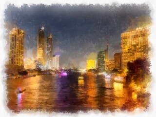 Landscape of Chao Phraya River at night in Bangkok, Thailand watercolor style illustration impressionist painting.