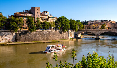 Panoramic view of Tiber river and Lungotevere degli Altoviti embankment aside Ponte Sant'Angelo...