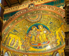 Apse and presbytery ceiling polychromic painting of papal basilica of Saint Mary Major, Basilica di Santa Maria Maggiore, in historic city center of Rome in Italy - obrazy, fototapety, plakaty