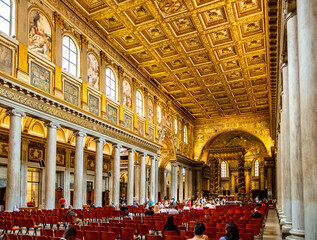 Main nave and presbytery of papal basilica of Saint Mary Major, Basilica di Santa Maria Maggiore, in historic city center of Rome in Italy