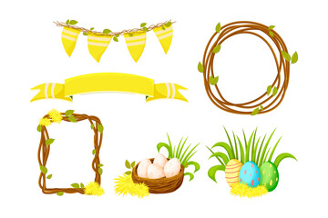 Set Easter decorations frames, banner, hanging flags, nest with flowers and eggs in cartoon style isolated on white background.