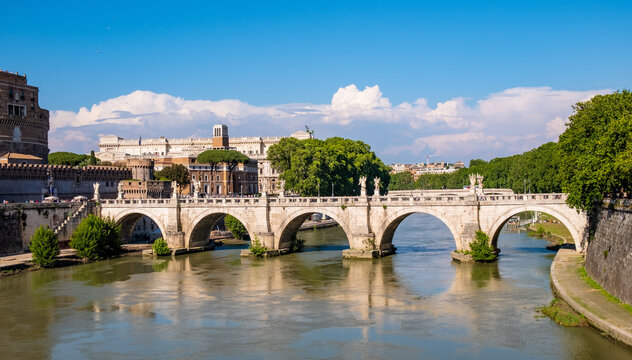 Ponte Sant'Angelo, Saint Angel Bridge, known as Aelian Bridge or Pons Aelius over Tiber river in historic city center of Rome in Italy