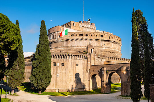 Castel Sant'Angelo fortress, Castle of the Holy Angel, known as Mausoleum of Hadrian with Passetto di Borgo passage in historic city center of Rome in Italy