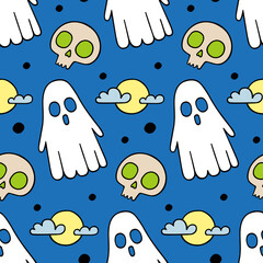Funny seamless vector pattern with cartoon ghosts, full moon and skulls. Colored hand-drawn illustrations in the style of doodles. Isolated. A Halloween pattern or a pattern for children's textiles.