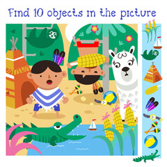 Funny Indian boys play with alpaca near pond. Find 10 items. Game for children. Cute cartoon characters. Vector illustration.