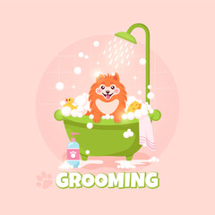 Dog grooming. An orange spitz dog sits in a green bathroom with soap bubbles under the shower on a peach background. Vector illustration.