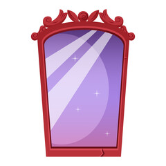 A magic mirror in a wooden frame. Isolated vector object for the game. Cartoon illustration.