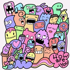 Hand-drawn illustrations, monsters doodle, Hand Drawn cartoon monster illustration,Cartoon crowd doodle hand-drawn Doodle style.