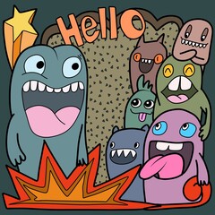 Hand-drawn illustrations, monsters doodle, Hand Drawn cartoon monster illustration,Cartoon crowd doodle hand-drawn Doodle style.
