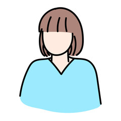 シンプルな女性のイラスト　ボブカット　水色　上半身　1人