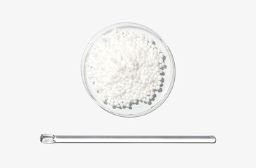 Carbamide in Chemical Watch Glass placed next to stirring rod. Closeup chemical ingredient on white laboratory table. Top View