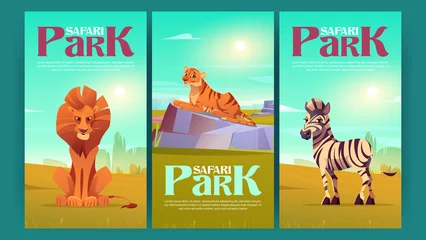 Wandaufkleber Safari park posters with wild animals. Savannah tour cartoon invitation flyers with african lion, tiger and zebra jungle inhabitants in outdoor zoo area. Beasts life in nature Vector invite cards © klyaksun
