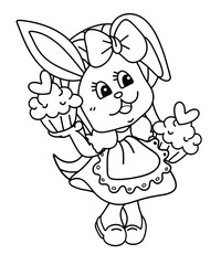 Bunny girl holding cupcakes, Easter bunny illustration for coloring book