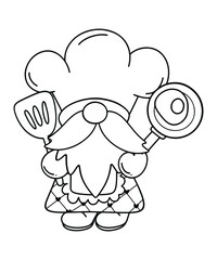 Gnome chef, Gnome cooking outline illustration for coloring book