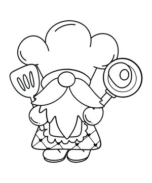 Gnome Chef, Gnome Cooking Outline Illustration For Coloring Book