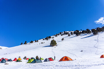 Scenic view of Kızlarsivrisi mountain, 3070 meter high, which is very popular for mountaineering, Elmalı, Antalya - obrazy, fototapety, plakaty