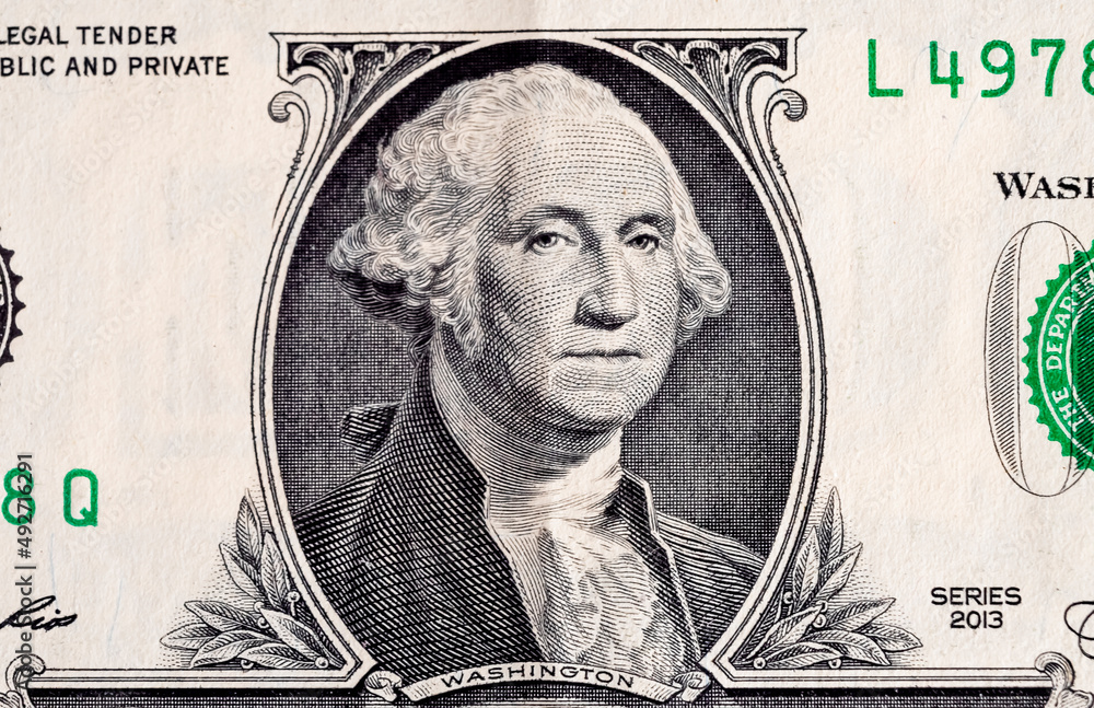 Wall mural one dollar note. president washington portrait closeup. us money, cash concept. front side of one do