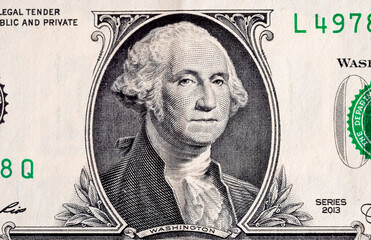 One dollar note. President Washington portrait closeup. US money, cash concept. Front side of one...