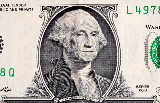 One dollar note. President Washington portrait closeup. US money, cash concept. Front side of one dollar bill. High quality photo