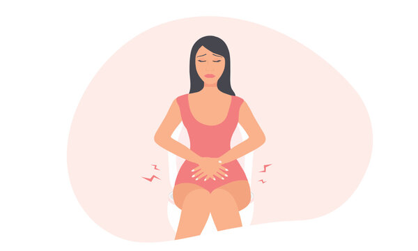 Woman sitting on toilet suffering with constipation, stomach ache and normal digestive system vector illustrations 