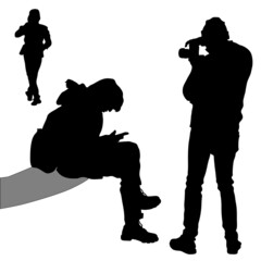 Three black silhouettes of people. A man with camera, a view from the back, photographs a woman leaving. A woman sits on bench looks at the phone screen with her head bowed down.Vector illustration.