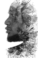 A portrait of a man combined with an ink painting of leaves. Paintography.