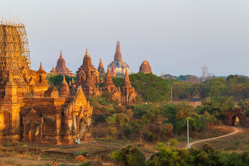 Scenic view of many temples, pagodas and other old buildings at the ancient plain of Bagan in Myanmar (Burma), at dawn.
