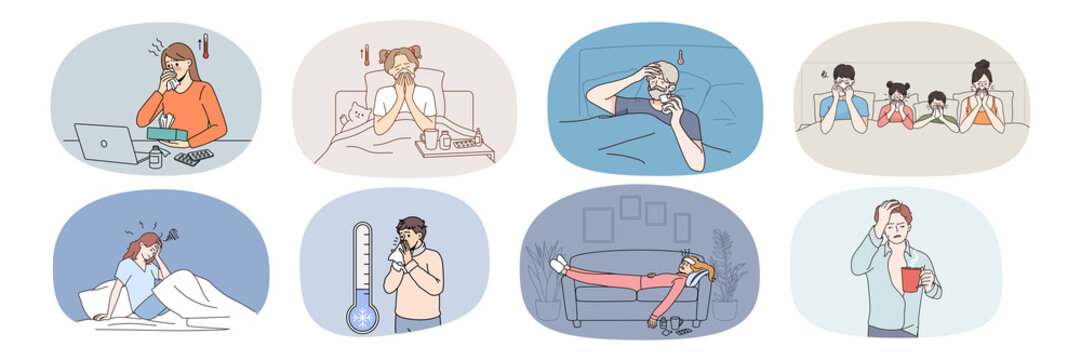 Set of unwell sick people stay at home struggle with covid-19 symptoms. Collection of unhealthy humans feel ill suffer from corona virus or flu. Healthcare and medicine. Vector illustration. 
