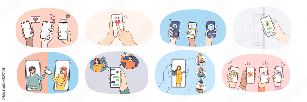 Poster set of diverse people hands hold cellphone in hands communicate online on gadget. collection of user